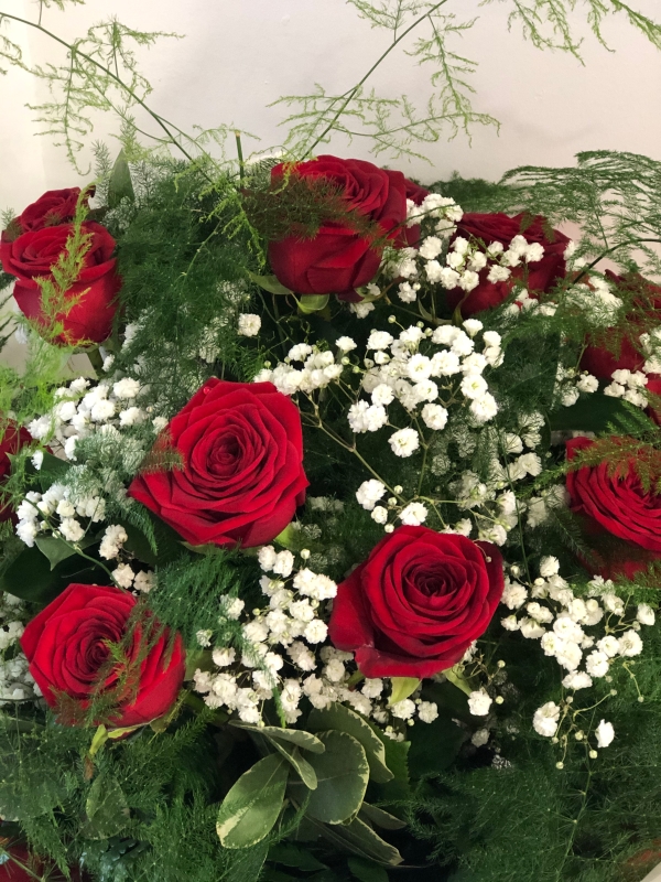 12x Red Rose hand tied bouquet add Chocolates and Champagne