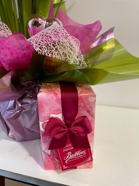Beautiful  calla lily plant hand gift wrapped and with Butlers chocolates