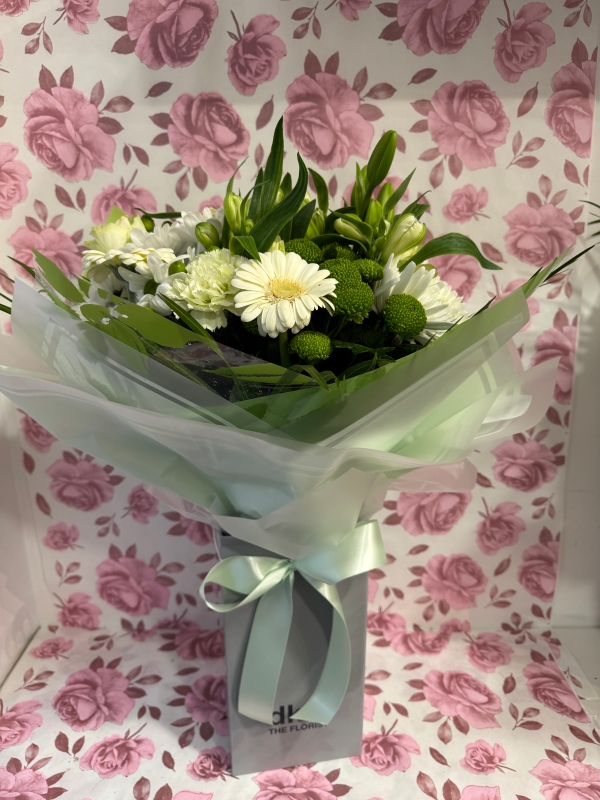 Bells choice handtied bouquet gift wrapped in box with water