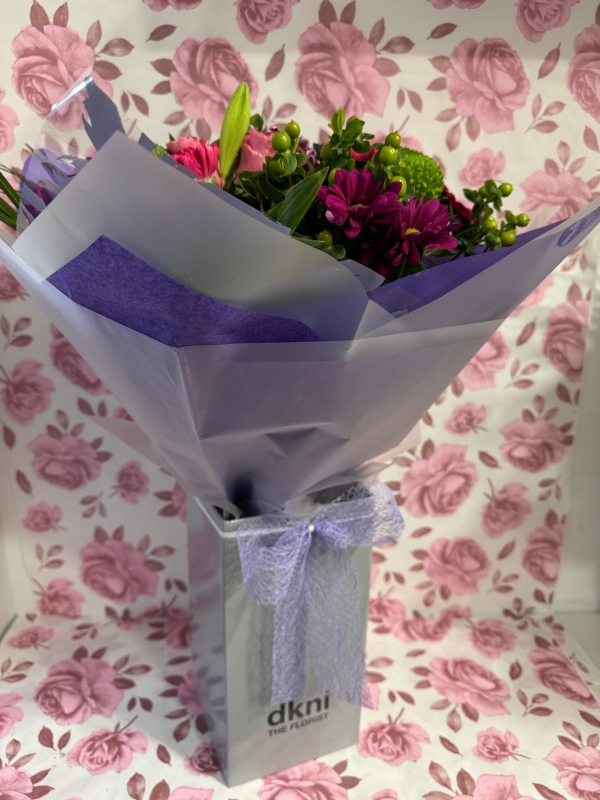 Bells choice handtied bouquet gift wrapped in box with water