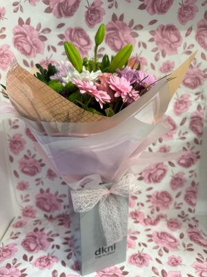 Bells choice handtied bouquet gift wrapped in box with water