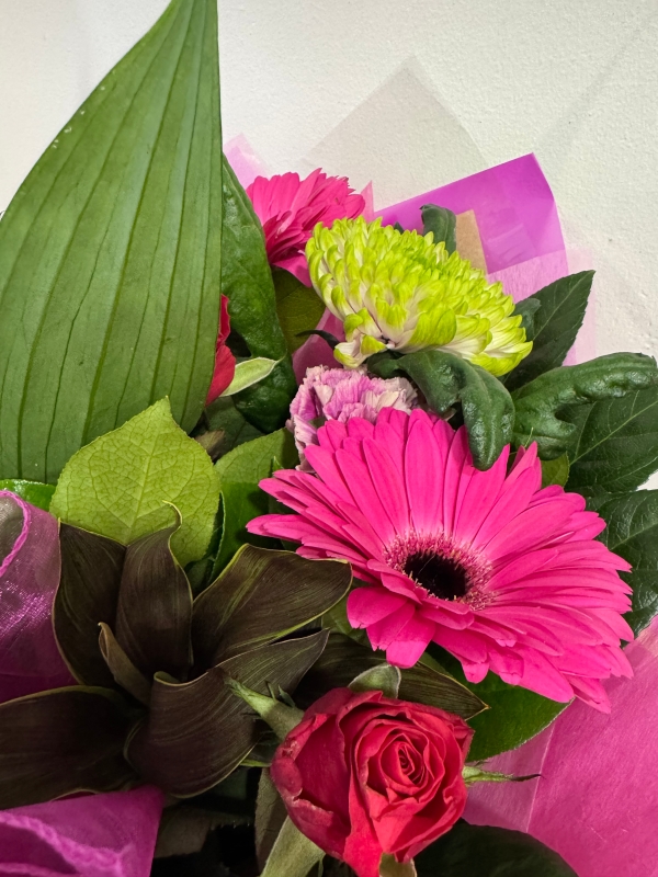 Euro Cluster handtied bouquet in water and boxed