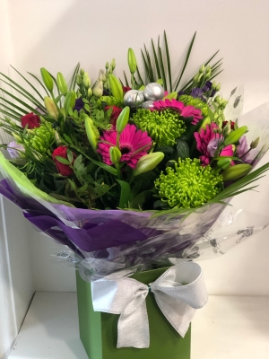 European Style Luxury handtied Bouquet in Pink, Purple and Lime