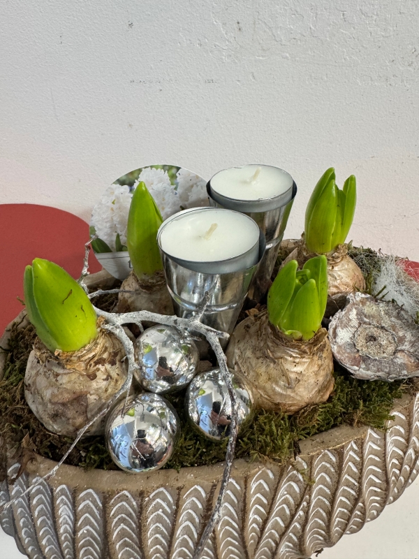 Gold Hyacinth planted arrangement with candle holders