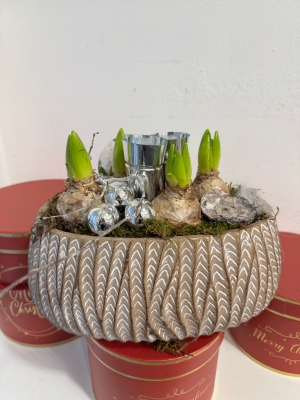 Gold Hyacinth planted arrangement with candle holders
