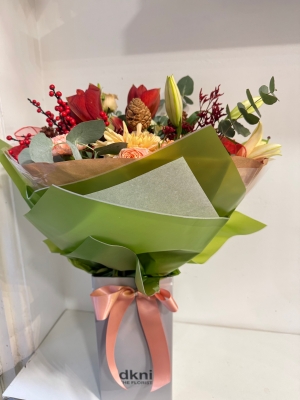 Nikos luxury Christmas handtied bouquet in Red and Bronze tones