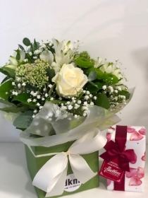 Bouquet and chocolates   Mini boxed hand tied bouquet and chocolates