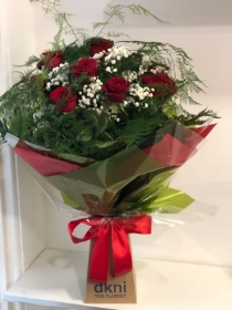 12x Red Rose hand tied bouquet add Chocolates and Champagne