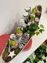 Christmas Hyacinth planted boat shape table arrangement with candle holders