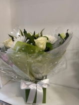 Euro Cluster handtied bouquet in water and boxed