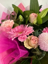 Euro Cluster handtied bouquet in water and boxed
