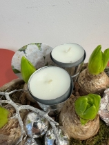 Gold Hyacinth planted arrangement with candle holders