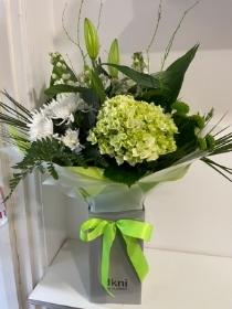 luxury white and lime handtied bouquet inc hydrangea