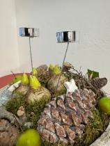 Stone Hyacinth planted table centre with candle holders