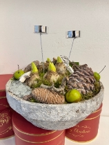 Stone Hyacinth planted table centre with candle holders