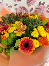 Twister Autumn orange tones handtied bouquet in gift box